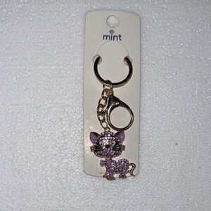 Mint Pink Crystal Cat Keychain with Gold Hardware